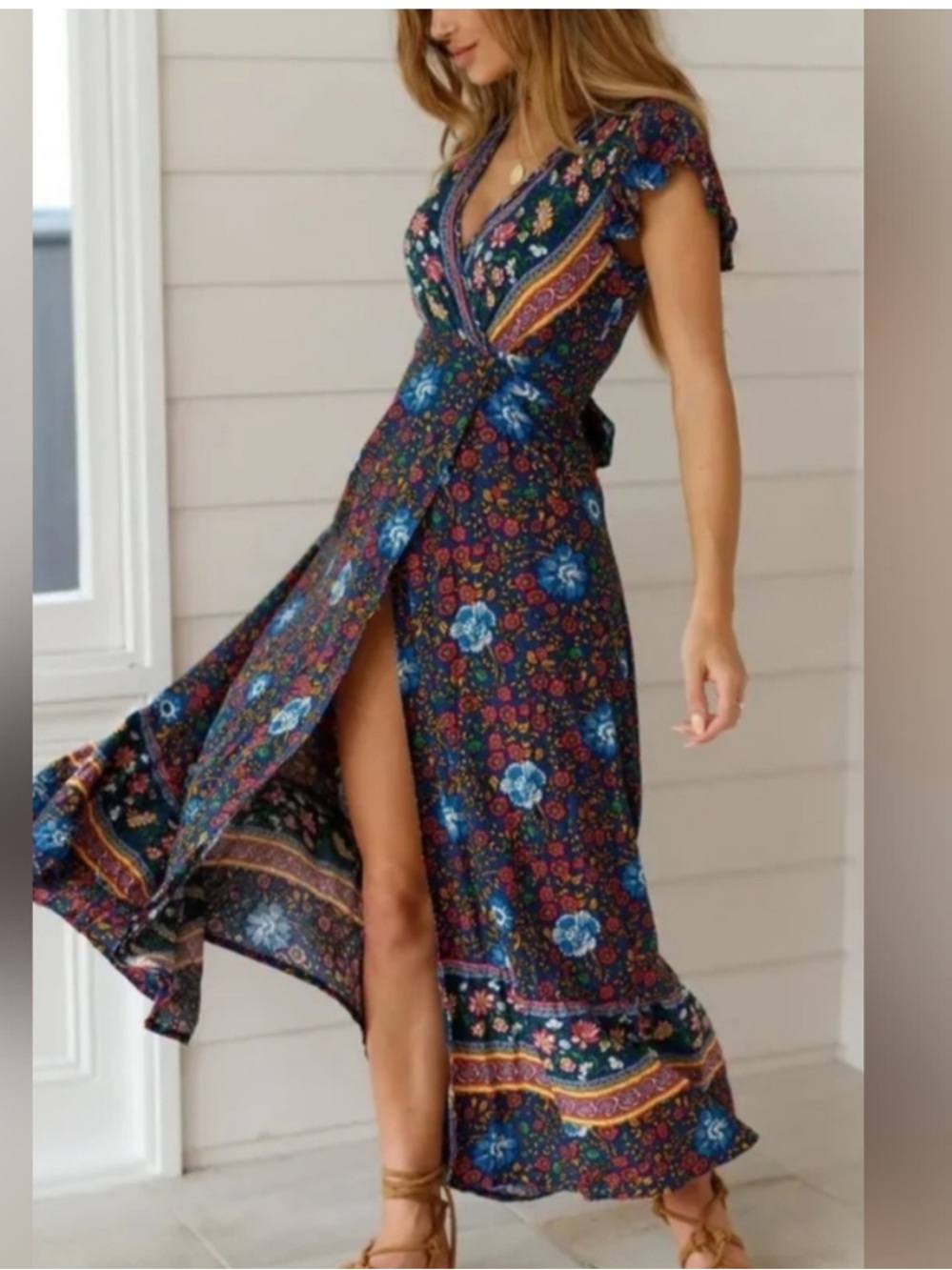 Floral Boho Wrap Maxi Dress in Dark Blue